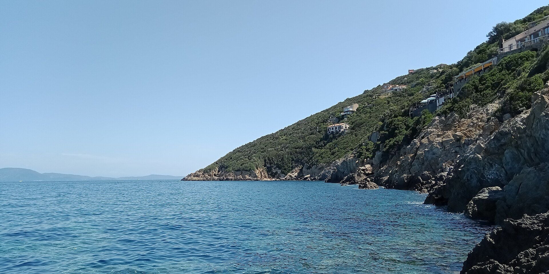 Côte rocheuse et boisée de l'île du Levant plongeant dans une mer claire